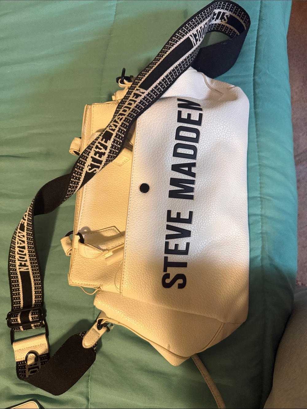Steve Madden White Crossbody with Branded Black Strap